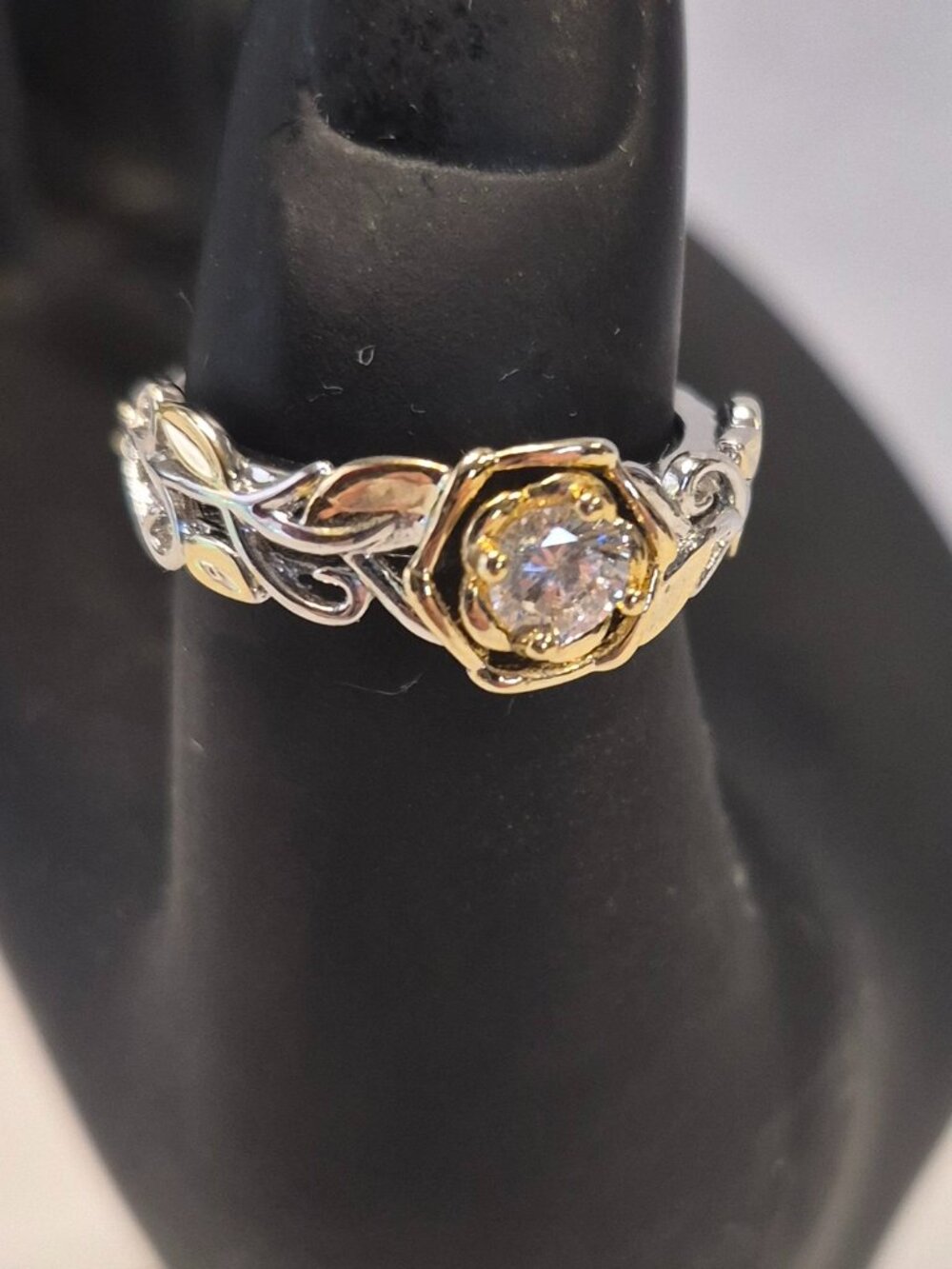925 Sterling Silver + Gold Plated Floral Rose Cubic Zirconia Engagement Ring 7